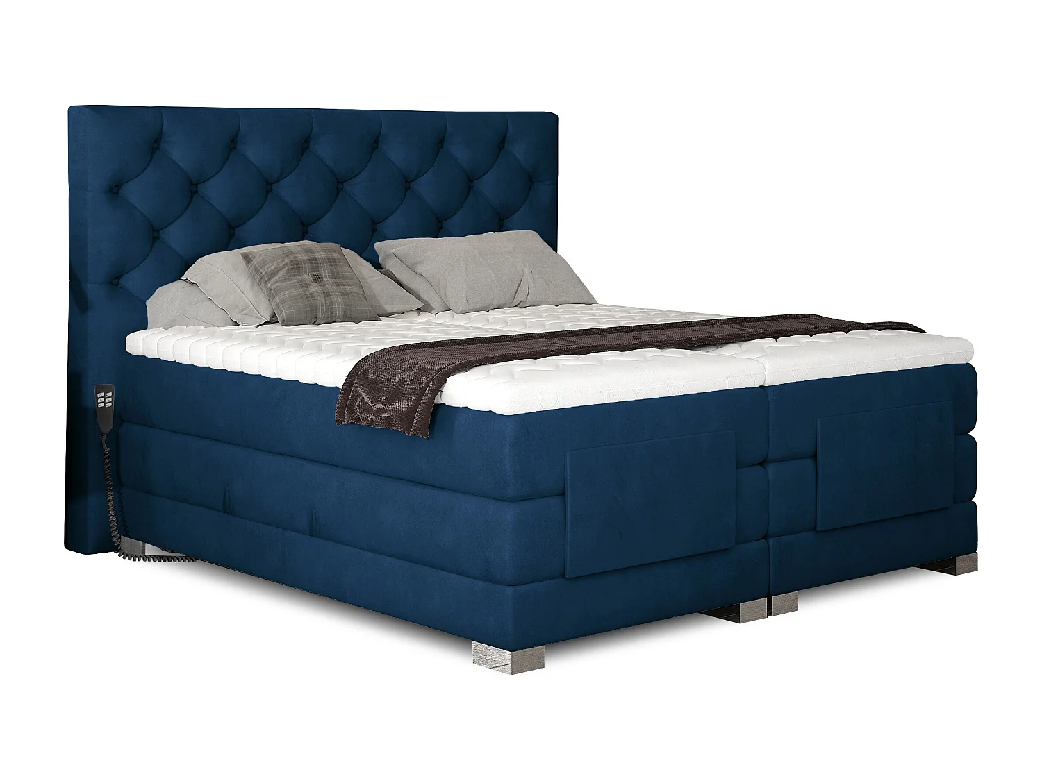Lit continental électrique velours bleu avec matelas et surmatelas Karmen-160x200