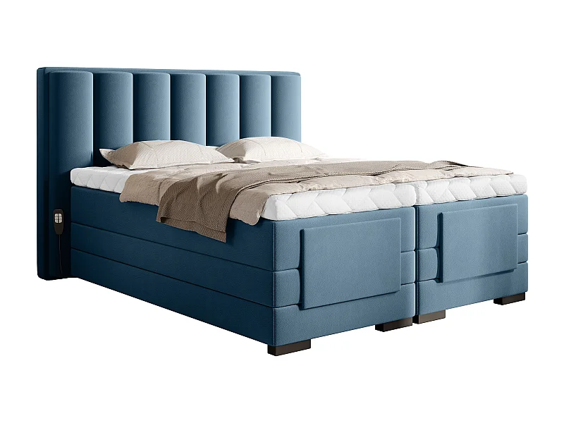 Lit boxspring électrique tissu bleu canard avec matelas et surmatelas Arkos-160x200