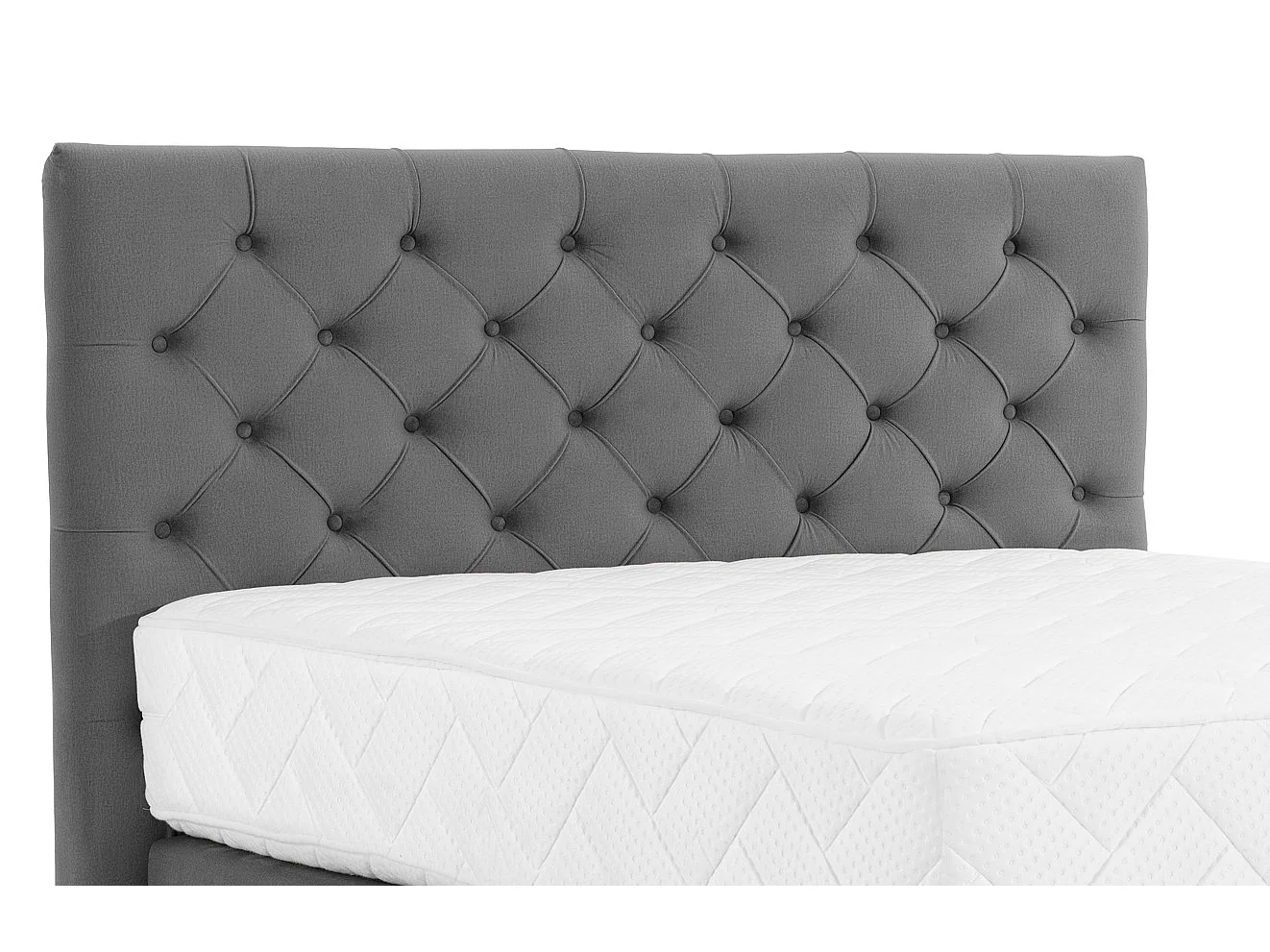 Lit continental capitonné tissu gris foncé Pozza avec matelas 30cm en latex et pied métal noir-160x200