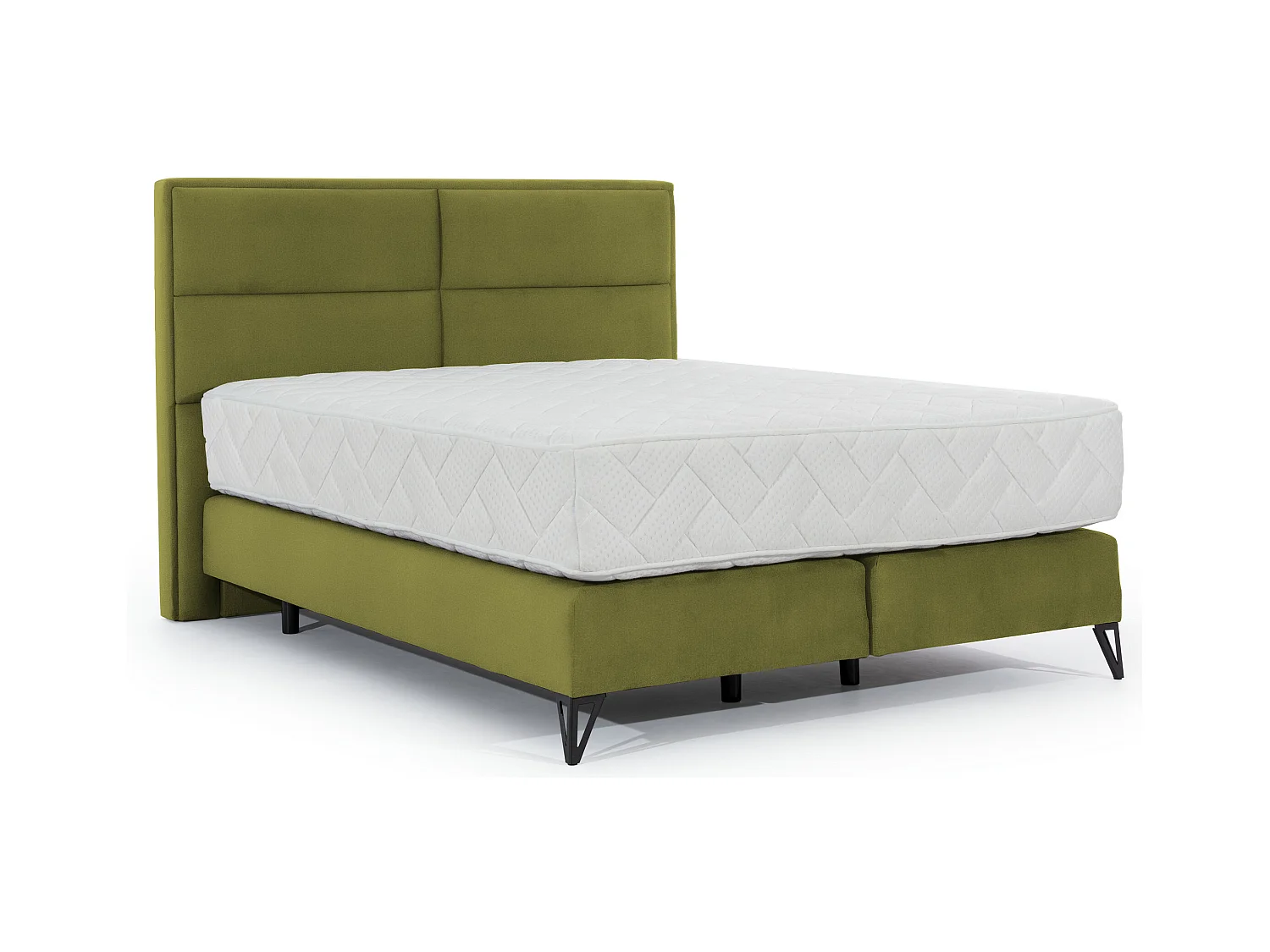 Lit continental velours kaki Tiempo avec matelas 30cm en latex et pied métal noir-160x200