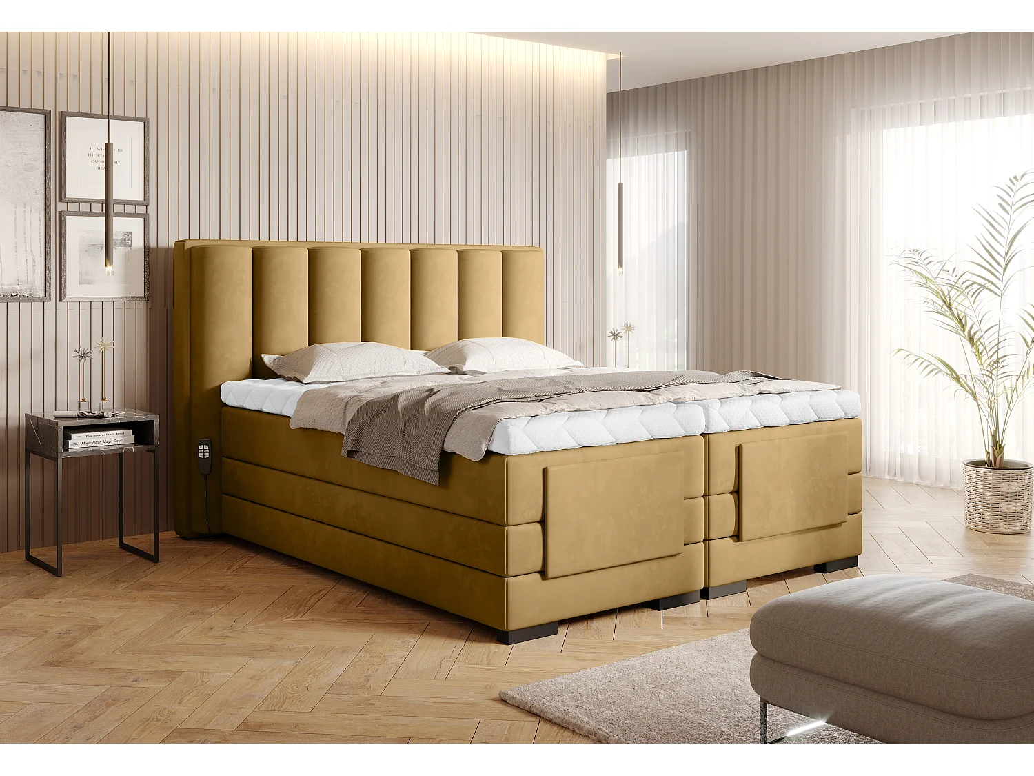 Lit boxspring électrique tissu jaune moutarde avec matelas et surmatelas Arkos-180x200
