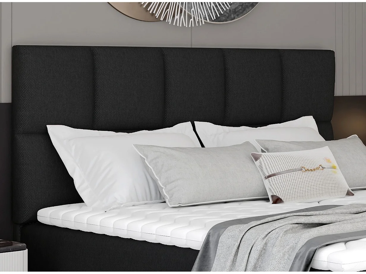 Lit boxspring tissu noir avec matelas et surmatelas Lizen-Couchage 160x200 cm