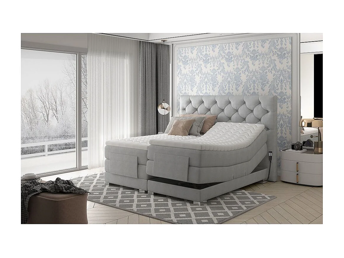 Lichtroze fluwelen elektrisch continentaal bed met Karmen matras en topper-Slapen 140x200cm