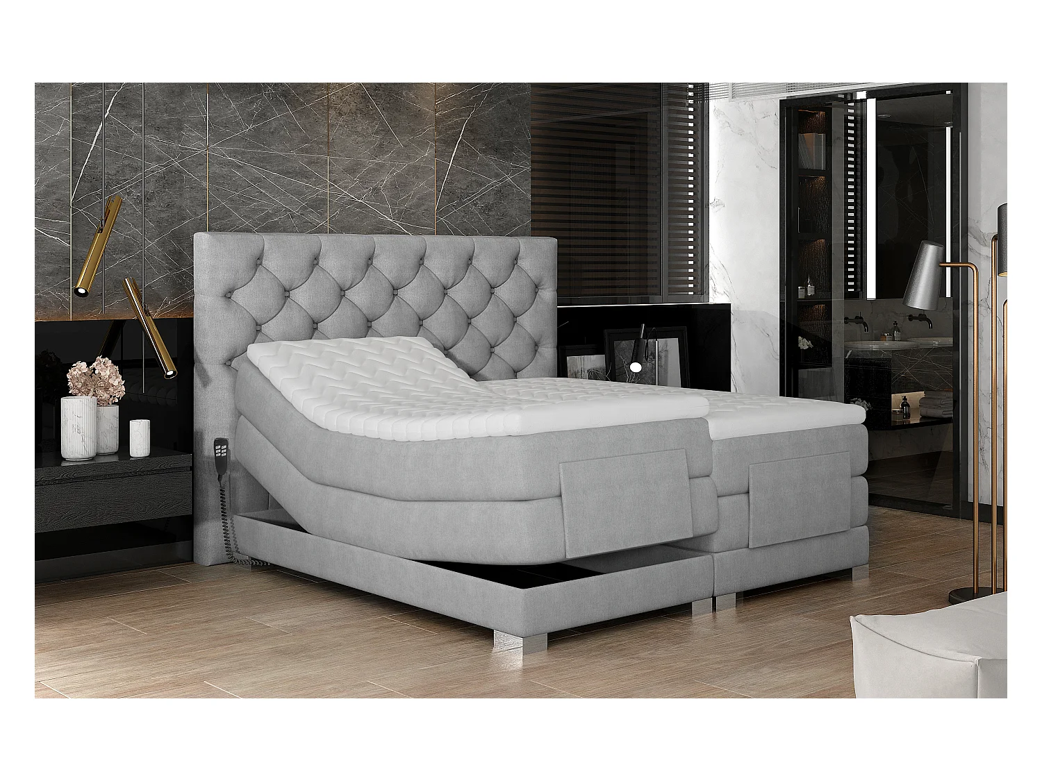 Elektrisch continentaal bed in antraciet stof met Karmen matras en bovenmatras-Slapen 180x200cm