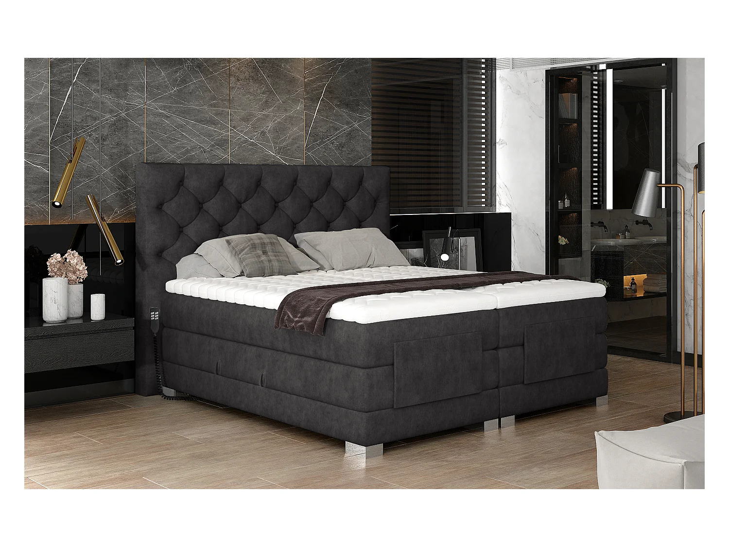 Lit continental électrique tissu anthracite avec matelas et surmatelas Karmen-180x200