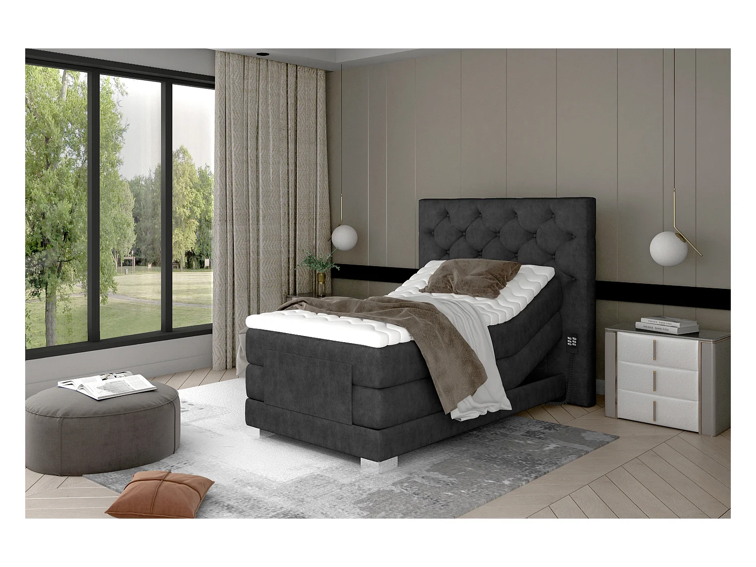 Lit continental électrique tissu anthracite avec matelas et surmatelas Karmen-180x200