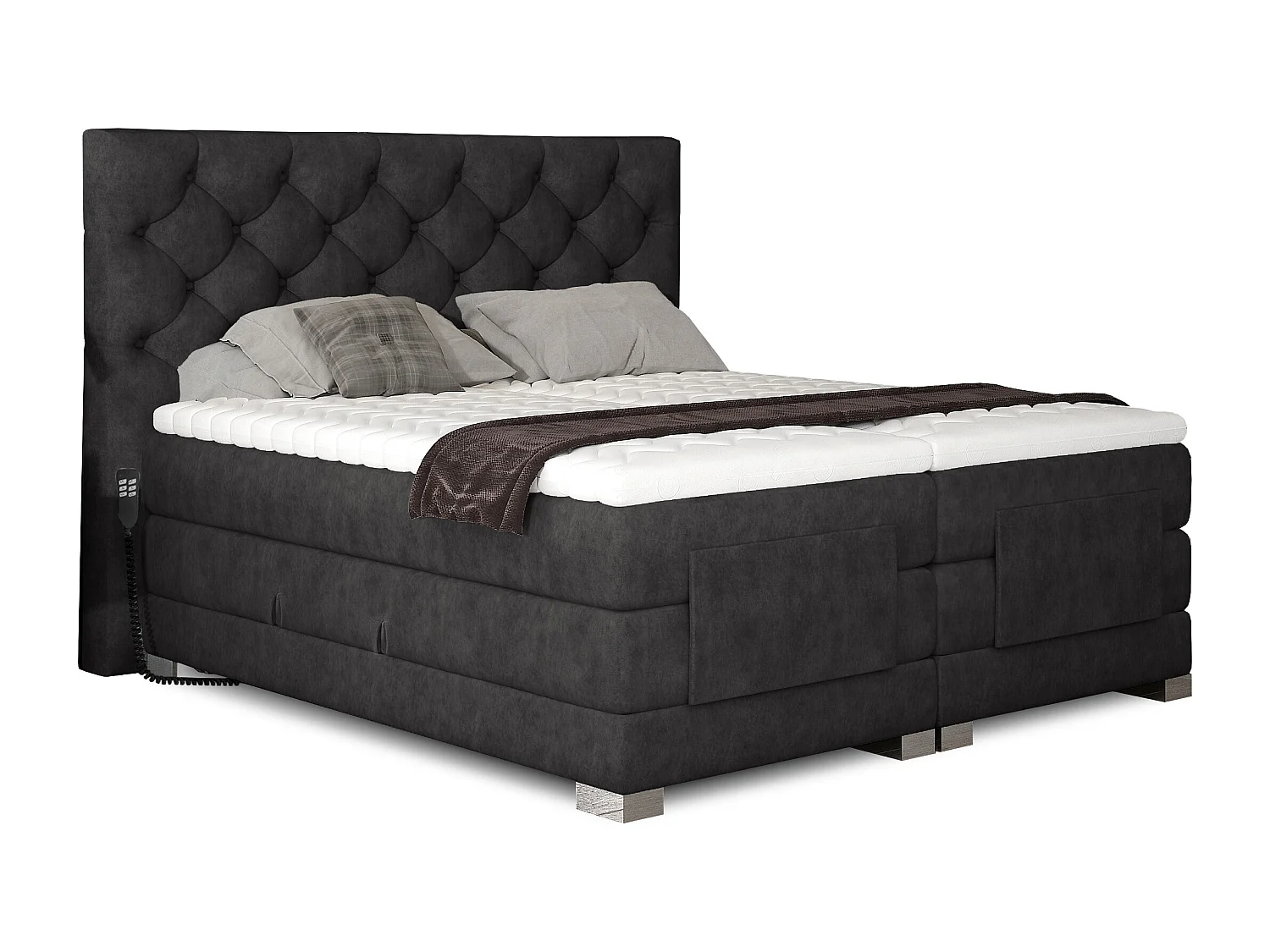 Lit continental électrique tissu anthracite avec matelas et surmatelas Karmen-180x200