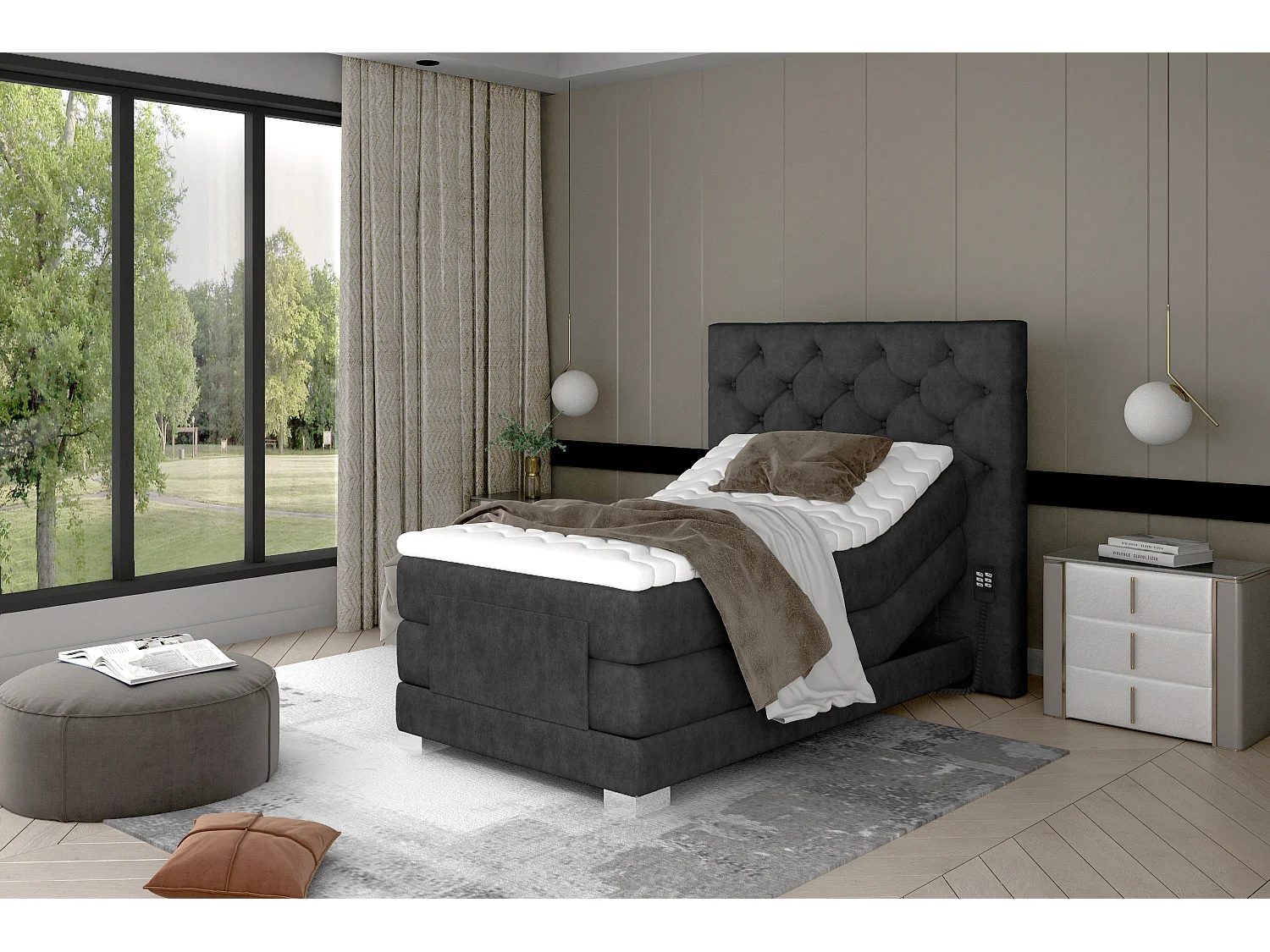 Lit continental électrique tissu anthracite avec matelas et surmatelas Karmen-180x200