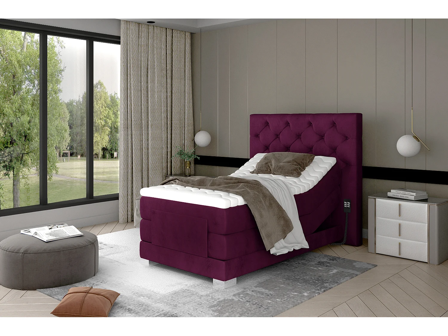 Lit continental électrique velours prune avec matelas et surmatelas Karmen-90x200