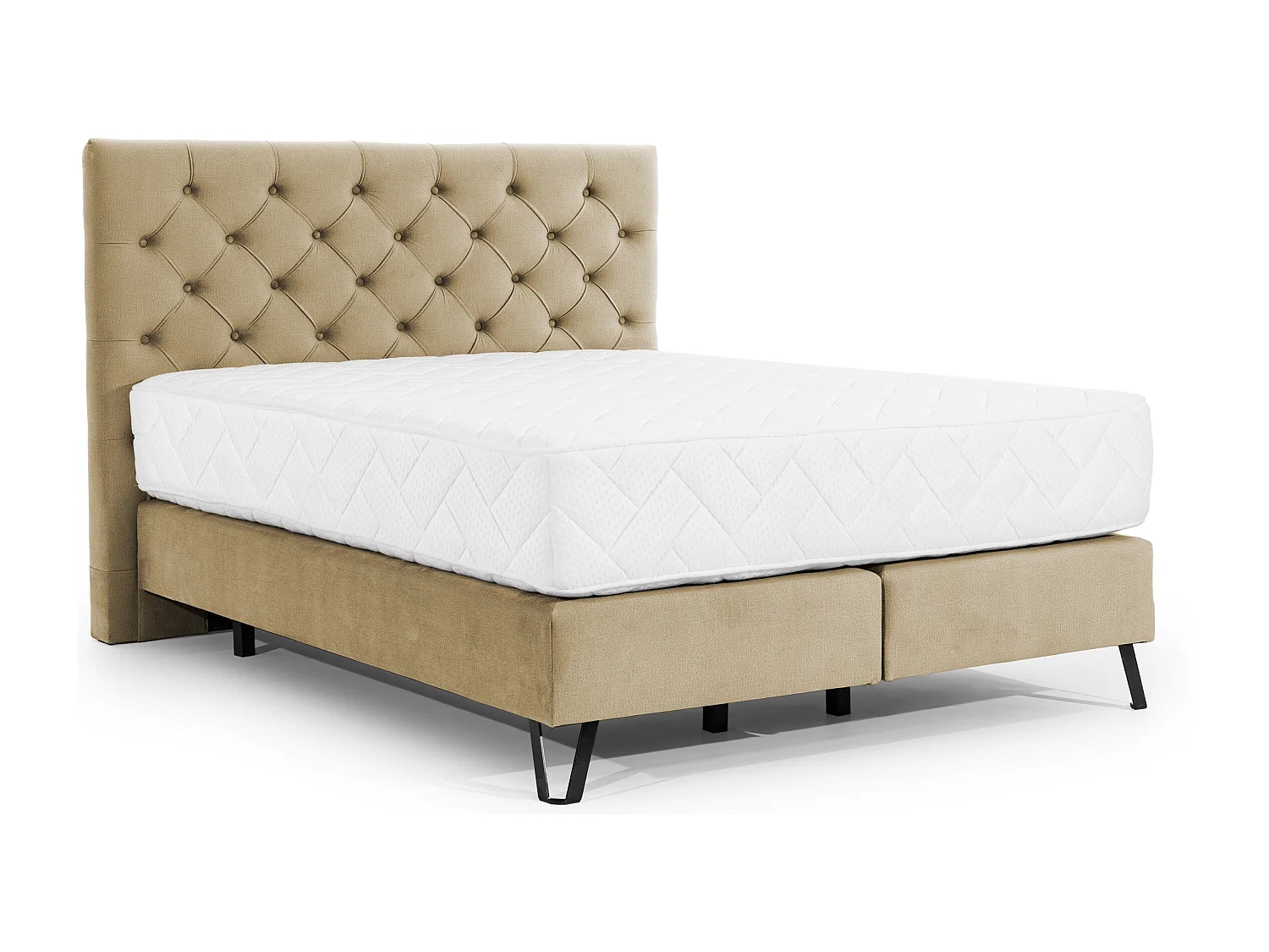 Lit continental capitonné tissu beige Pozza avec matelas 30cm en latex et pied métal noir-180x200