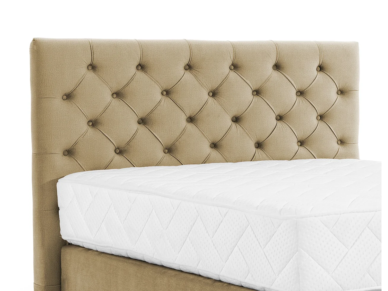 Lit continental capitonné tissu beige Pozza avec matelas 30cm en latex et pied métal noir-180x200