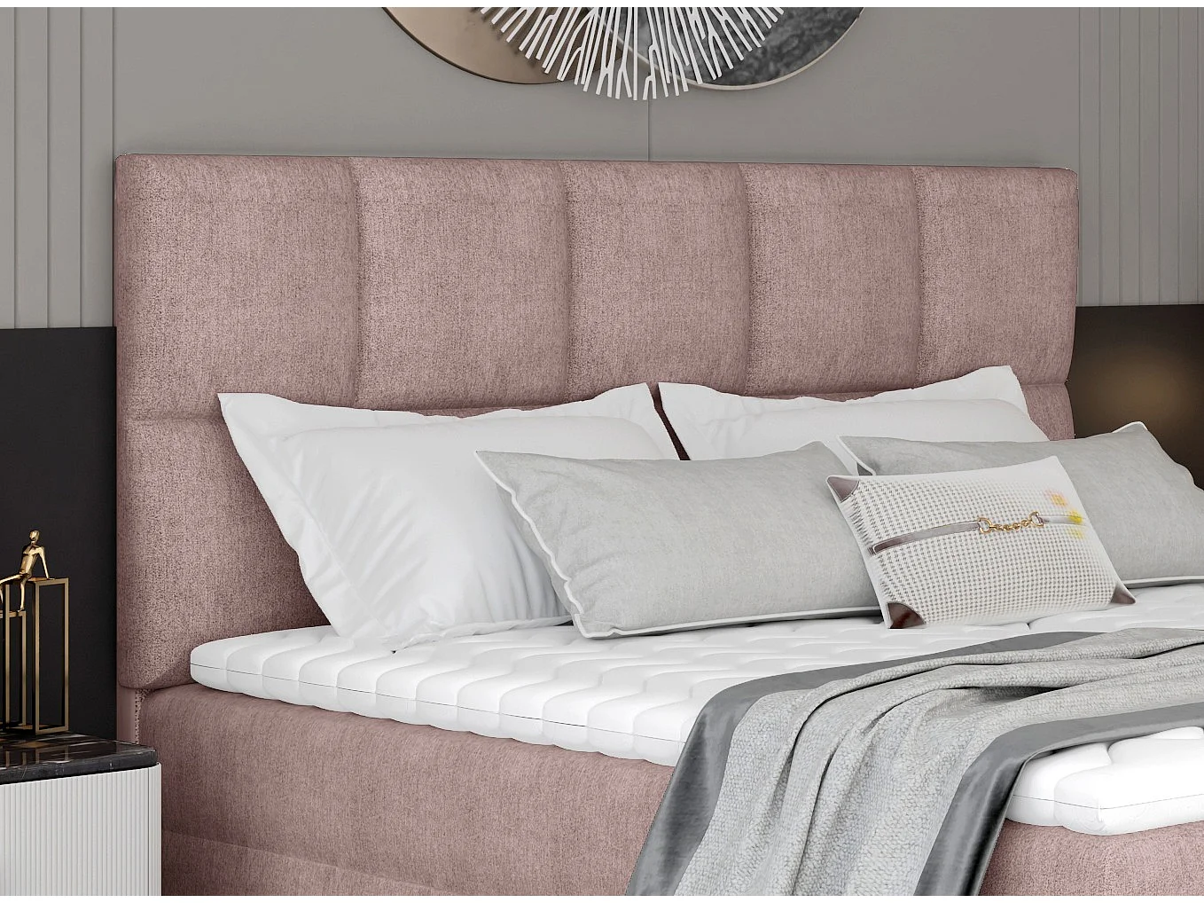 Lit boxspring tissu rose clair avec matelas et surmatelas Lizen-Couchage 180x200 cm