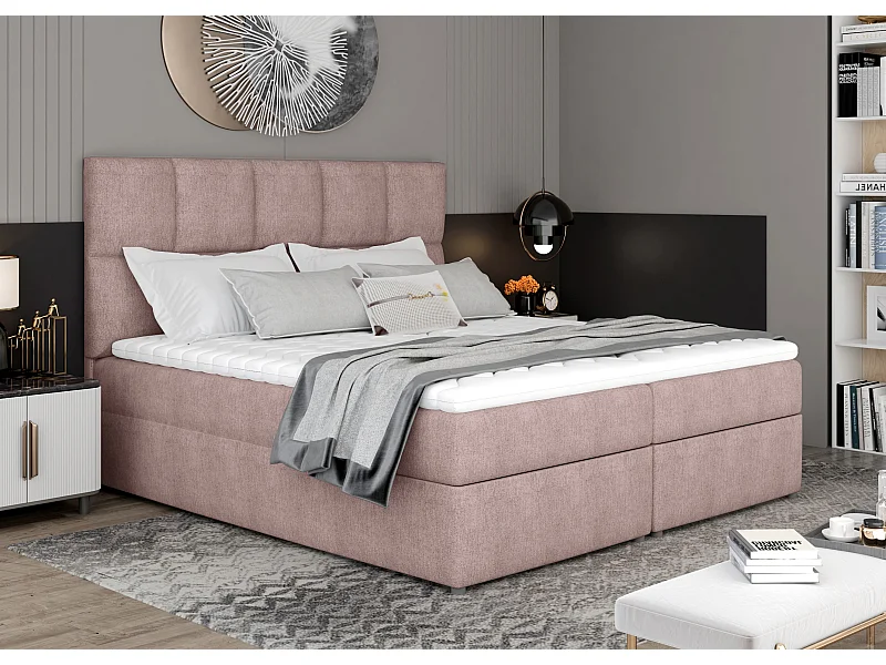 Lit boxspring tissu rose clair avec matelas et surmatelas Lizen-Couchage 180x200 cm