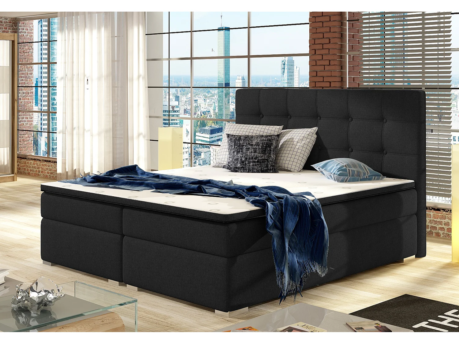 Zwart stoffen boxspringbed met Kavin matras en topper-Slapen 140x200cm