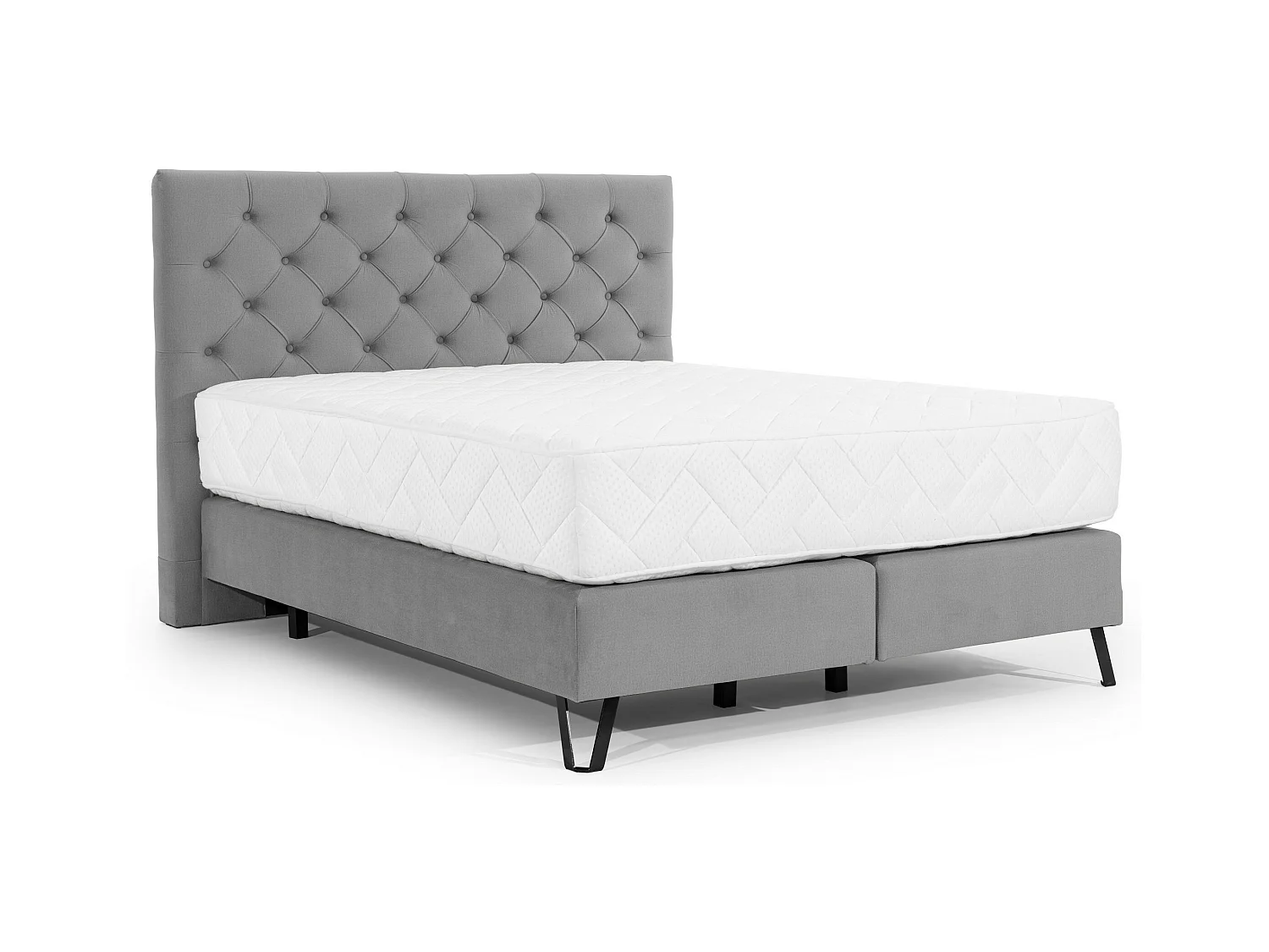 Lit continental capitonné tissu gris Pozza avec matelas 30cm en latex et pied métal noir-160x200