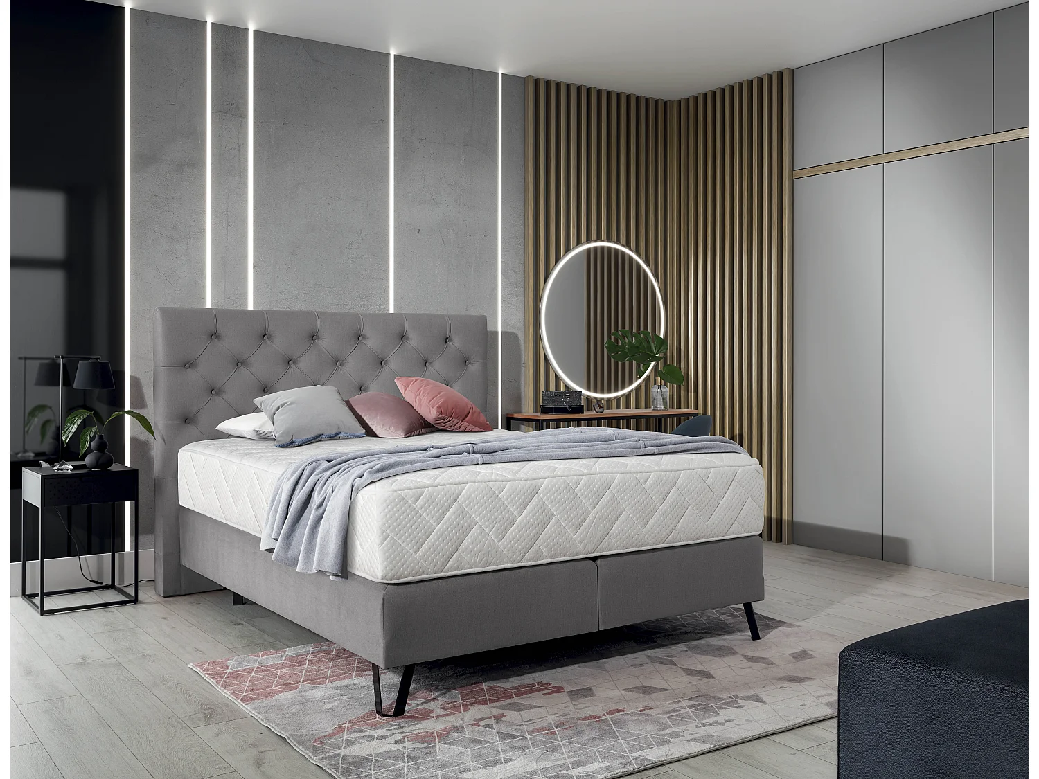 Pozza grijs stoffen gewatteerd continentaal bed met latexmatras van 30 cm en zwart metalen poot-Slapen 160x200cm