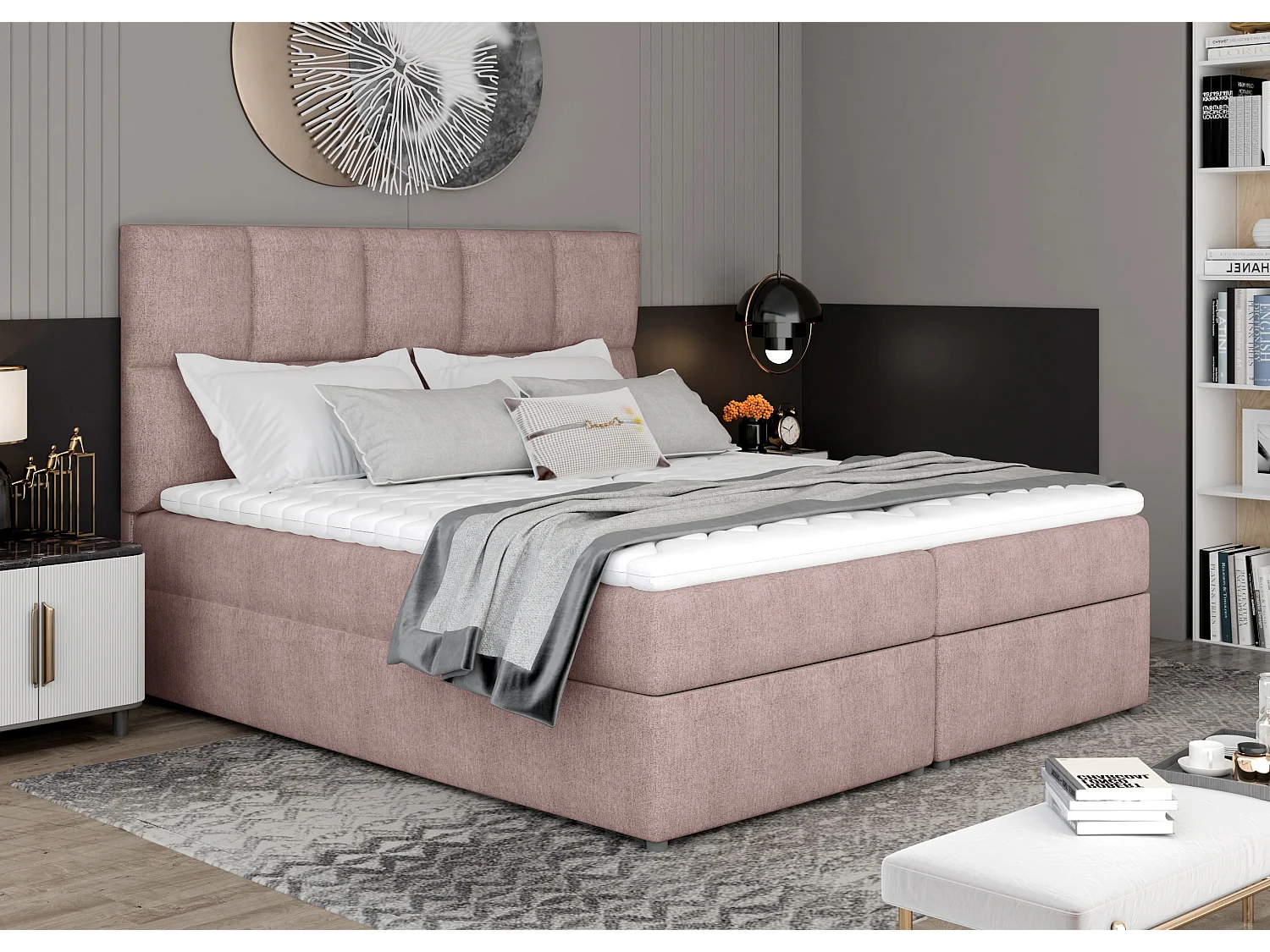 Lit boxspring tissu rose clair avec matelas et surmatelas Lizen-Couchage 160x200 cm