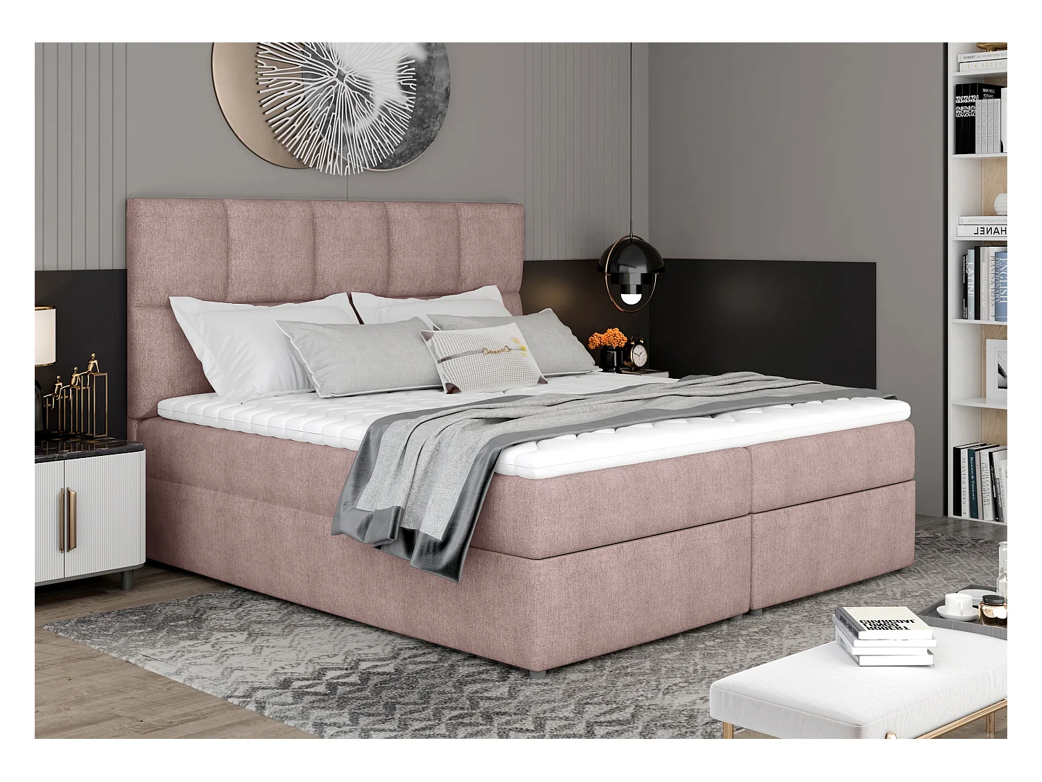 Lit boxspring tissu rose clair avec matelas et surmatelas Lizen-Couchage 160x200 cm