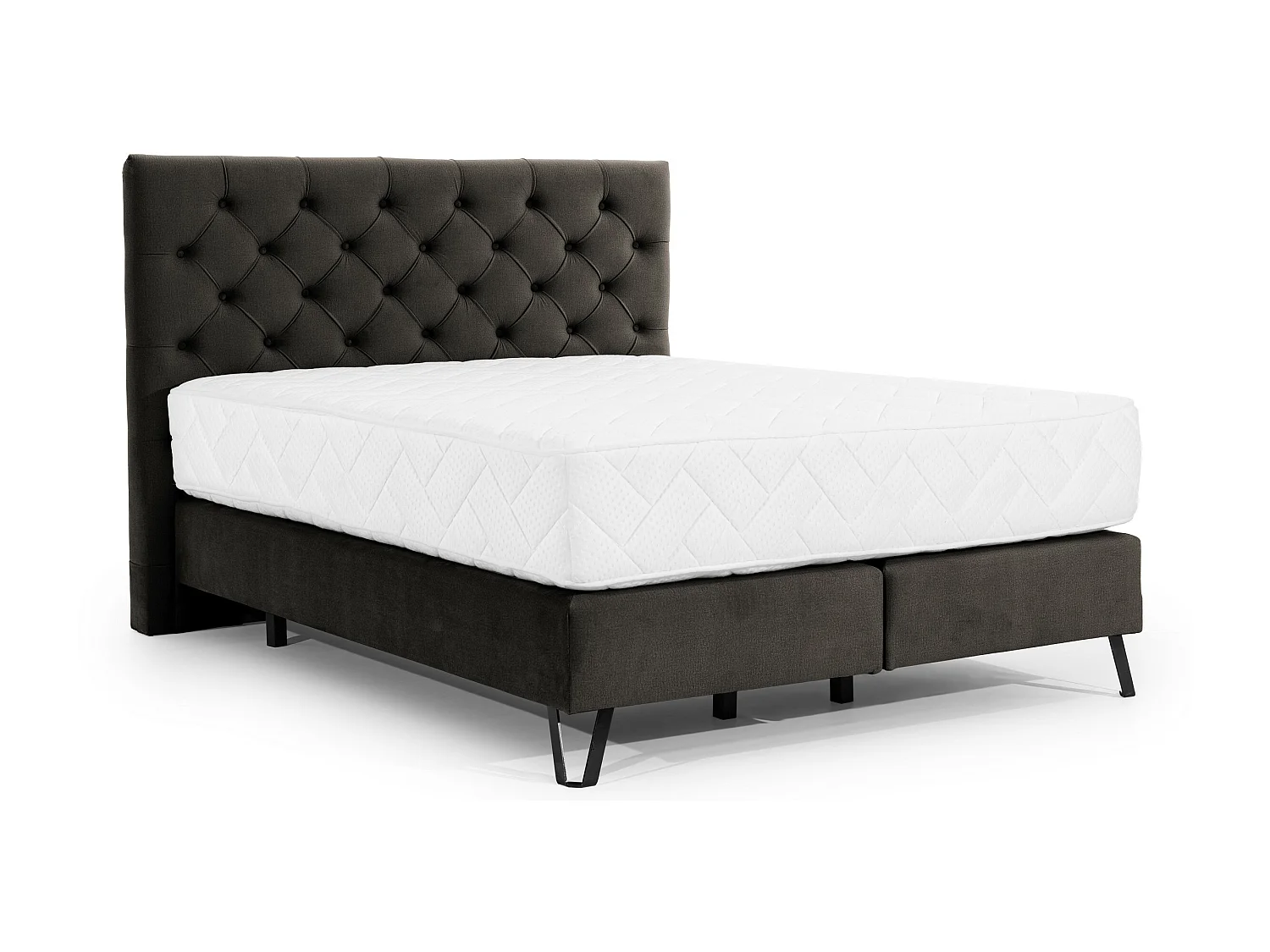 Lit continental capitonné tissu marron Pozza avec matelas 30cm en latex et pied métal noir-140x200