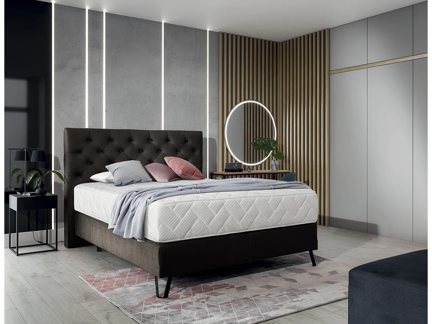 Lit continental capitonné tissu marron Pozza avec matelas 30cm en latex et pied métal noir-140x200