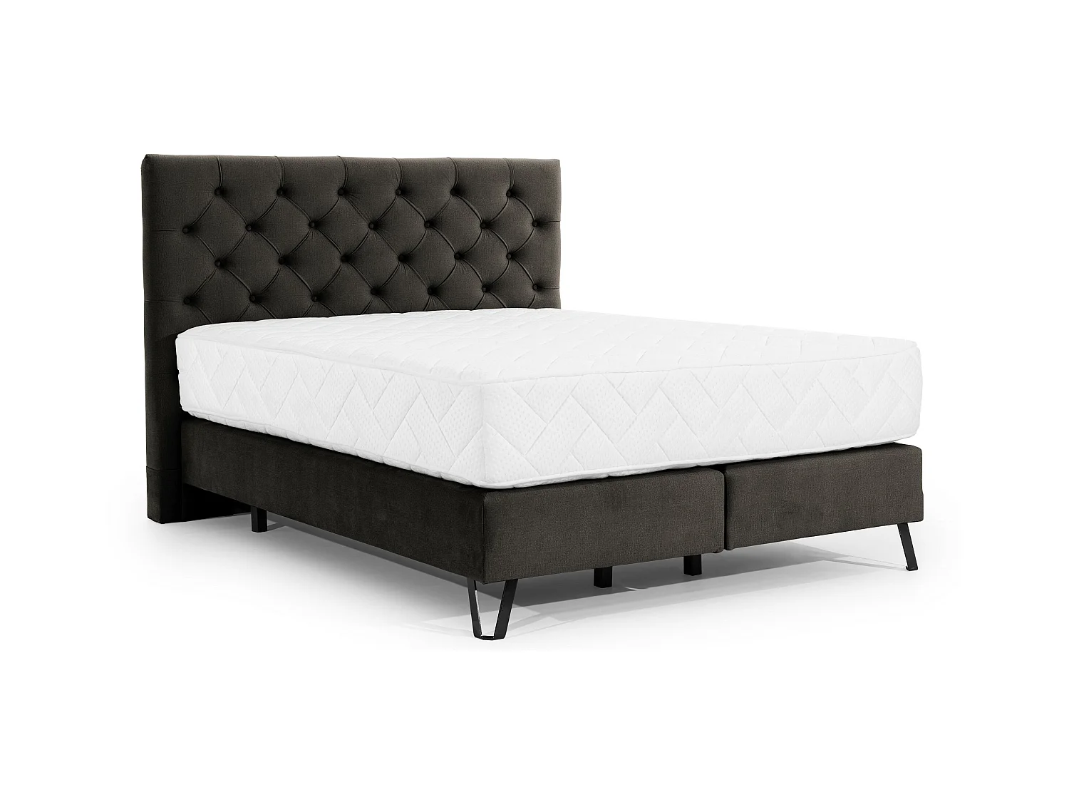 Lit continental capitonné tissu marron Pozza avec matelas 30cm en latex et pied métal noir-140x200