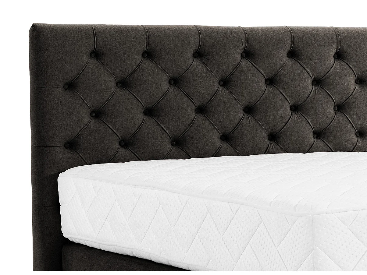 Lit continental capitonné tissu marron Pozza avec matelas 30cm en latex et pied métal noir-140x200