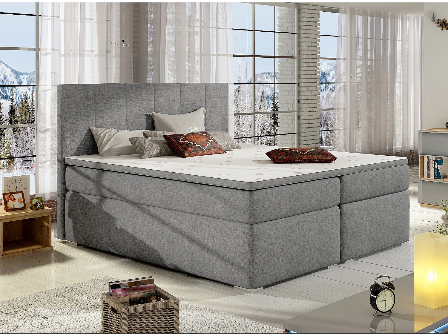 Lit continental tissu gris clair avec matelas et surmatelas Louna-180x200