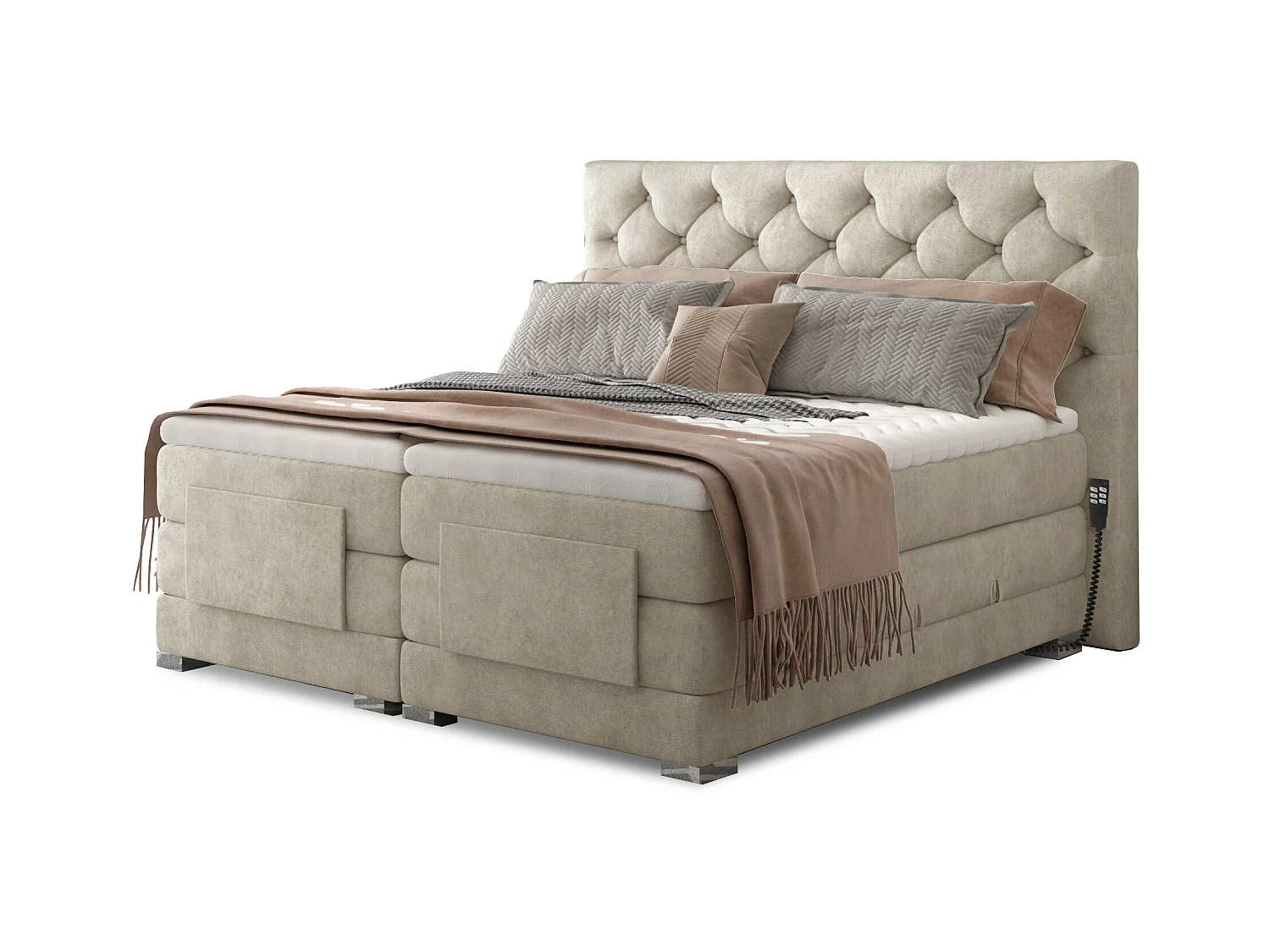 Lit continental électrique tissu beige clair avec matelas et surmatelas Karmen-140x200