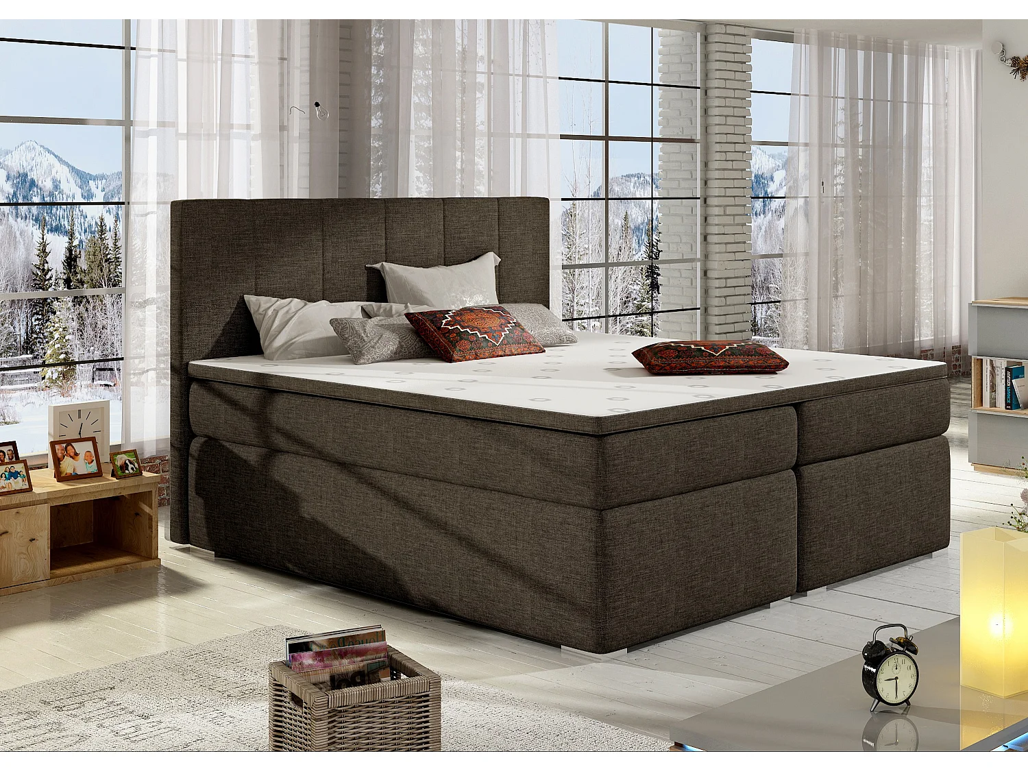 Continentaal bed van bruine stof met Louna-matras en topper-Slapen 180x200cm