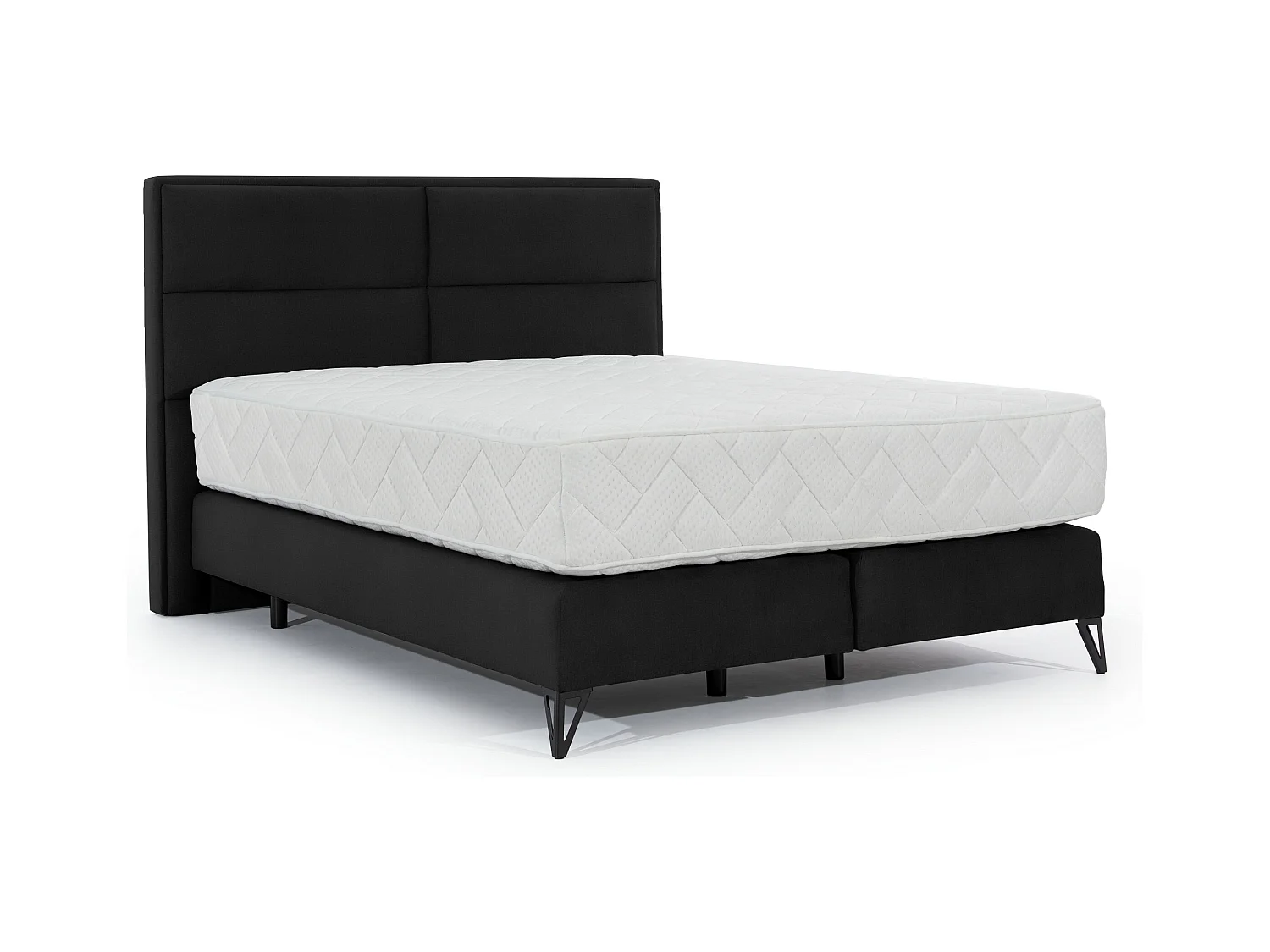 Lit continental velours noir Tiempo avec matelas 30cm en latex et pied métal noir-140x200