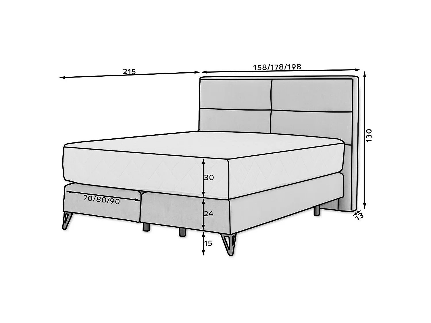 Lit continental velours kaki Tiempo avec matelas 30cm en latex et pied métal noir-140x200