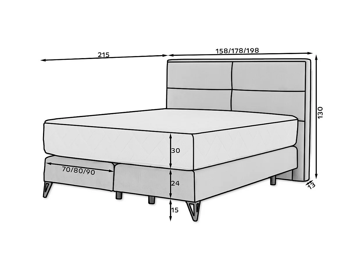 Lit continental velours kaki Tiempo avec matelas 30cm en latex et pied métal noir-140x200