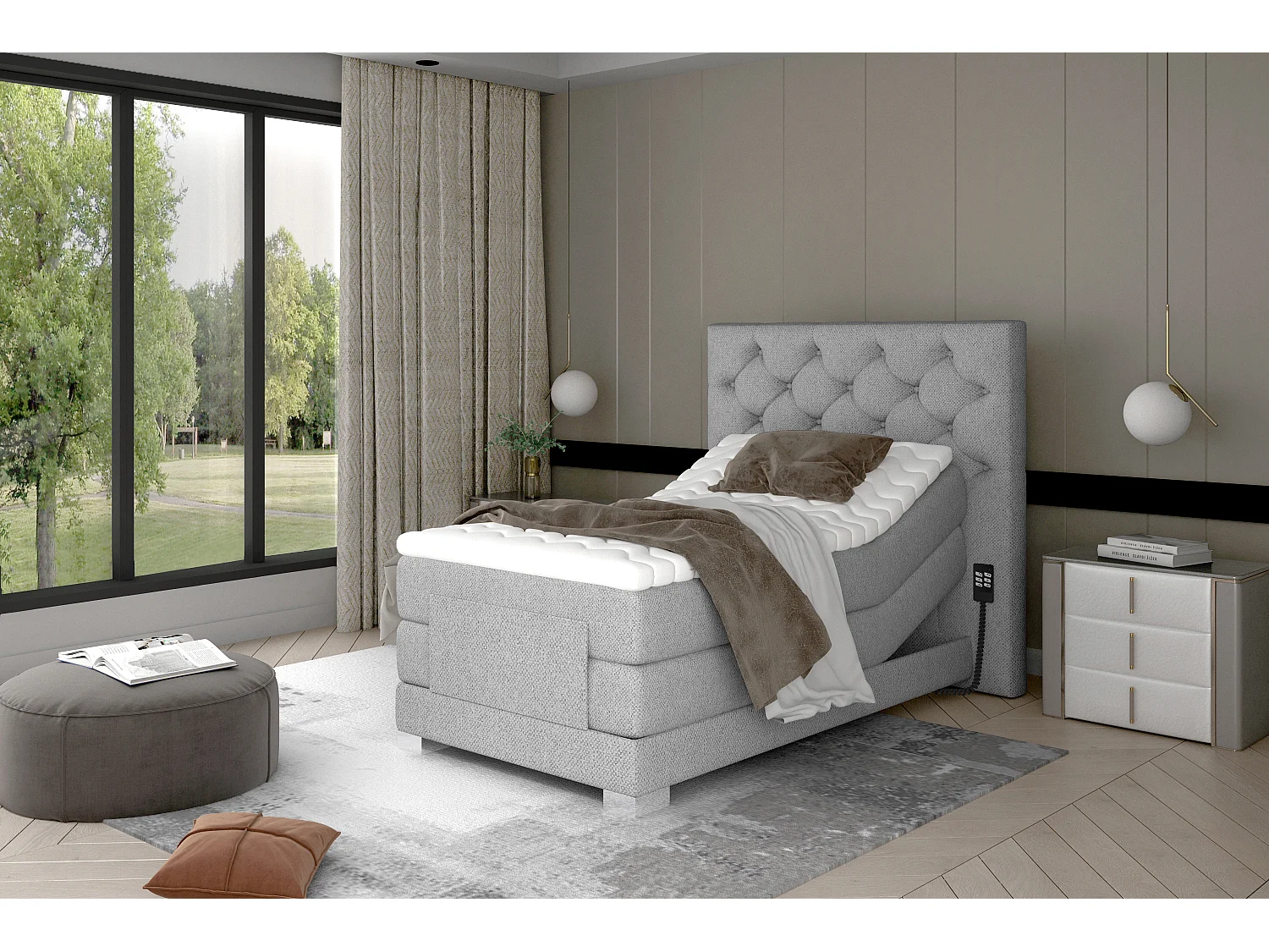 Lit continental électrique tissu gris clair avec matelas et surmatelas Karmen-140x200