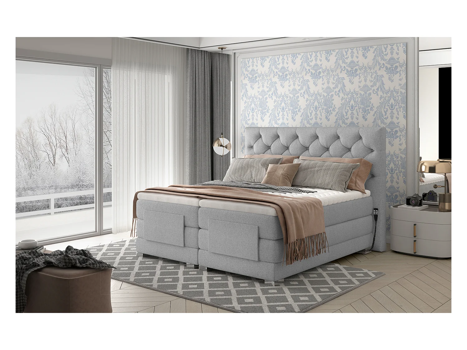Lit continental électrique tissu gris clair avec matelas et surmatelas Karmen-140x200
