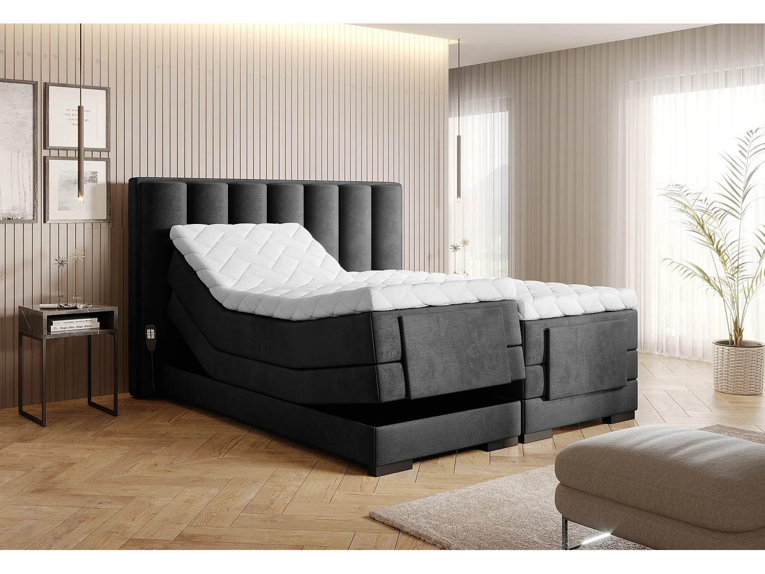 Lit boxspring électrique tissu anthracite avec matelas et surmatelas Arkos-140x200