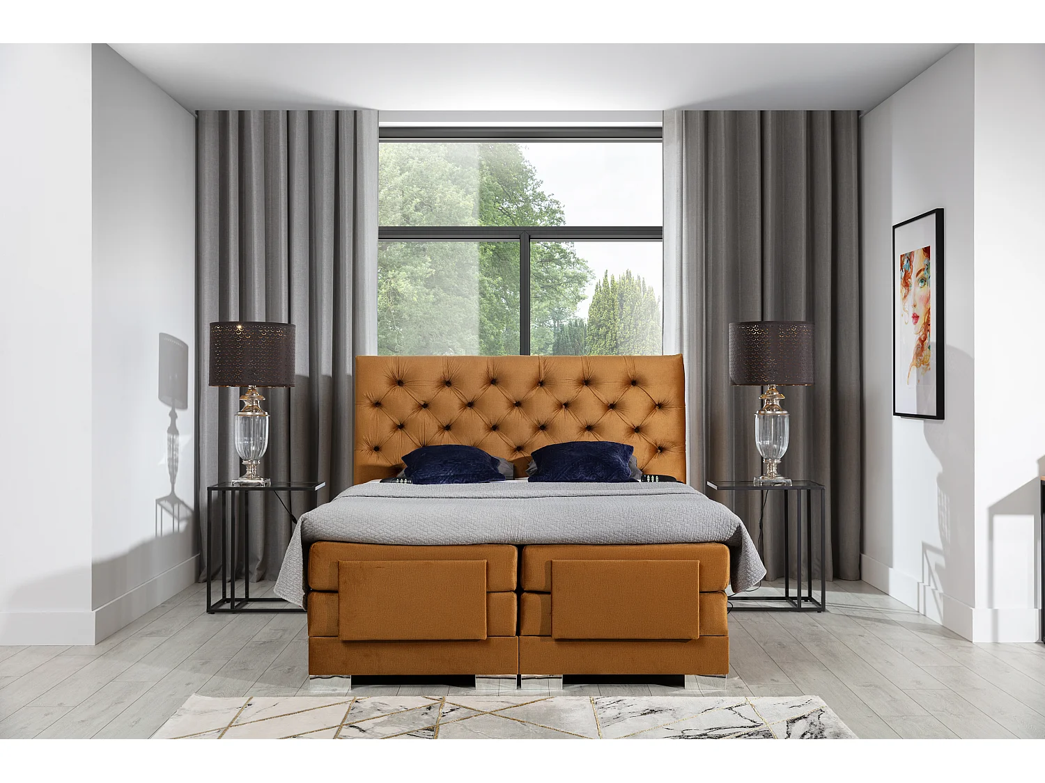 Lit continental électrique velours moutarde avec matelas et surmatelas Karmen-160x200