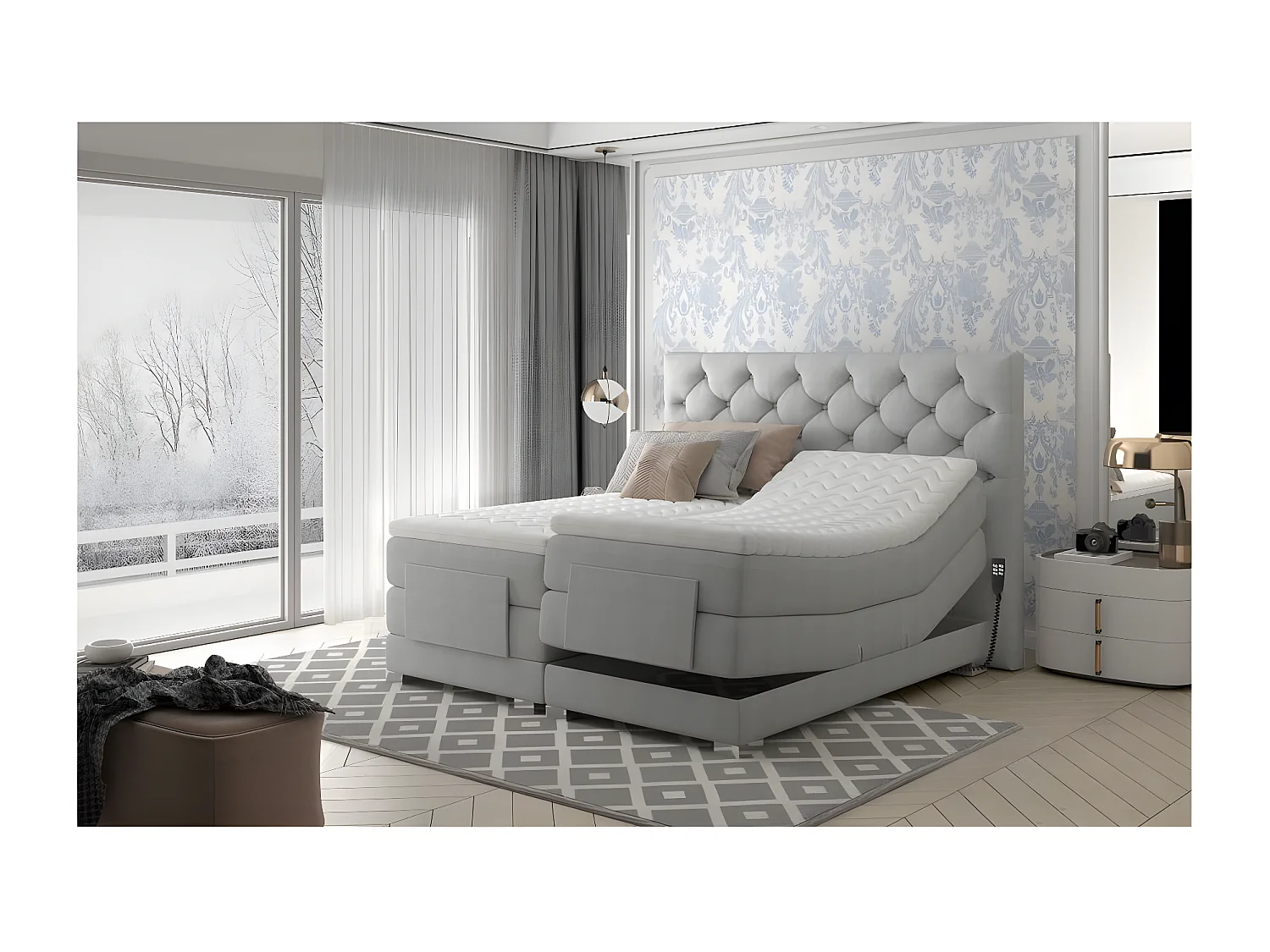 Lit continental électrique velours moutarde avec matelas et surmatelas Karmen-160x200