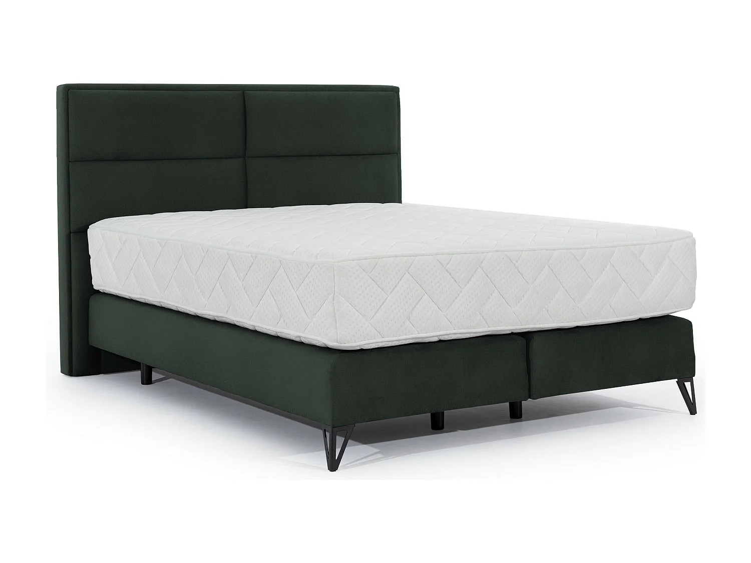 Lit continental velours vert anglais Tiempo avec matelas 30cm en latex et pied métal noir-160x200