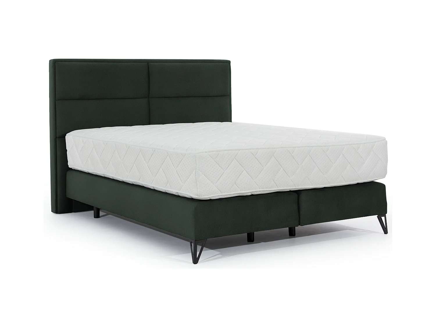 Lit continental velours vert anglais Tiempo avec matelas 30cm en latex et pied métal noir-160x200