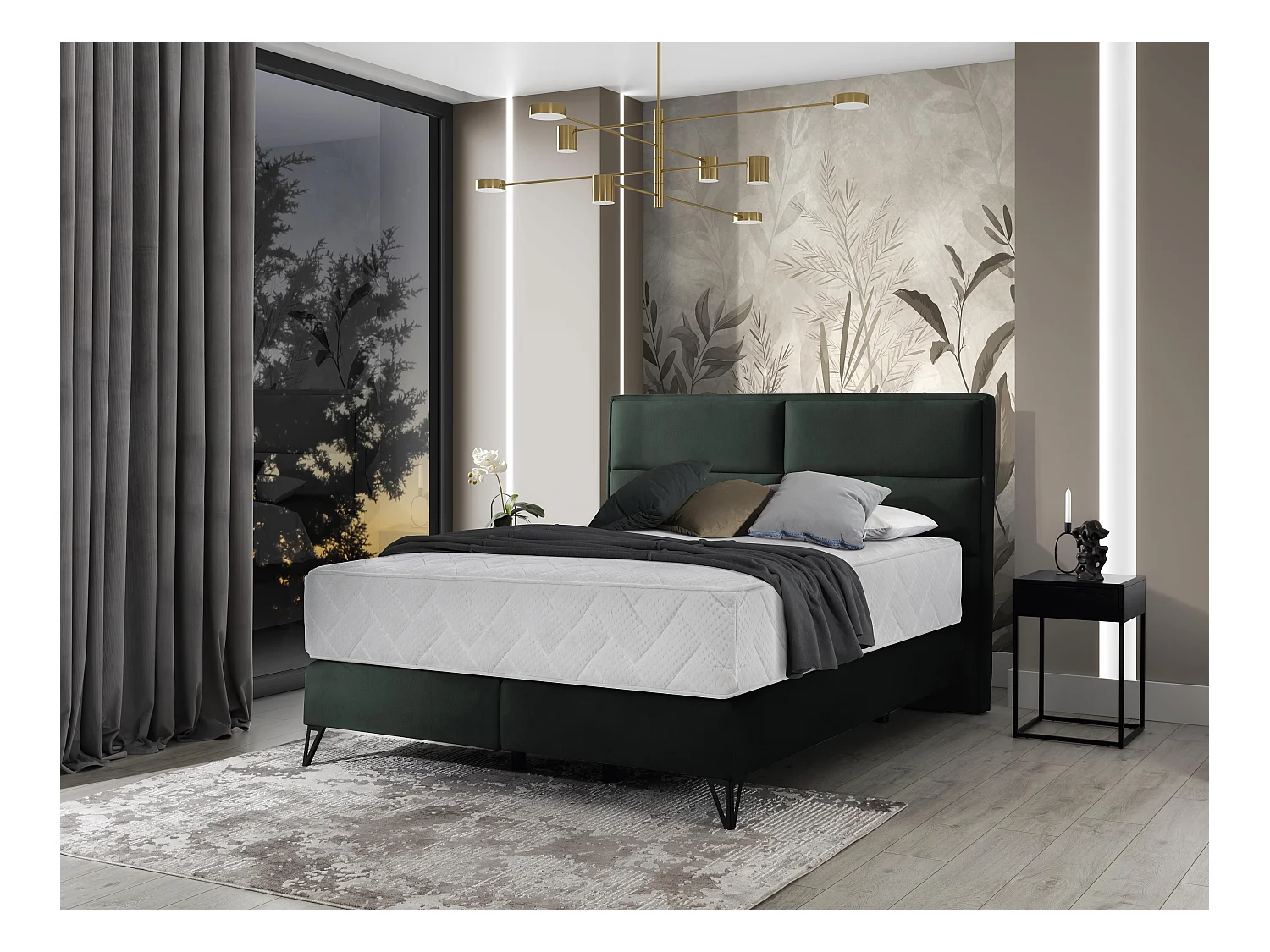 Lit continental velours vert anglais Tiempo avec matelas 30cm en latex et pied métal noir-160x200