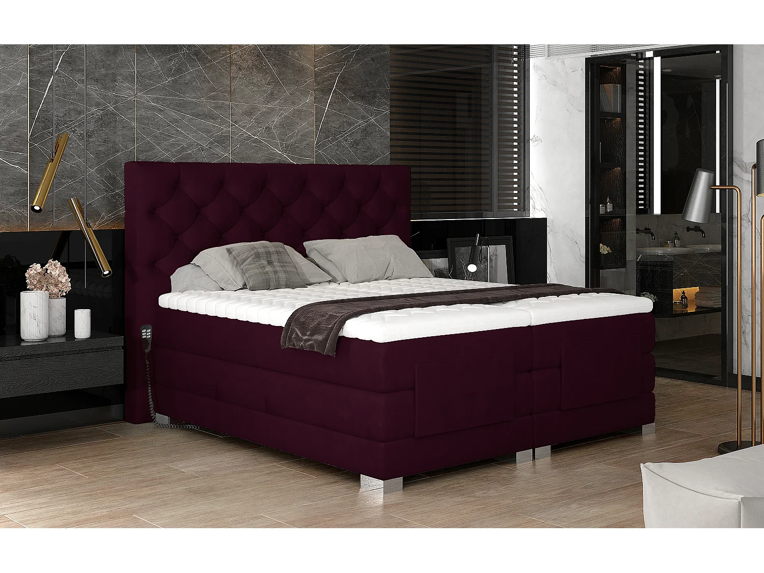 Lit continental électrique velours prune avec matelas et surmatelas Karmen-180x200