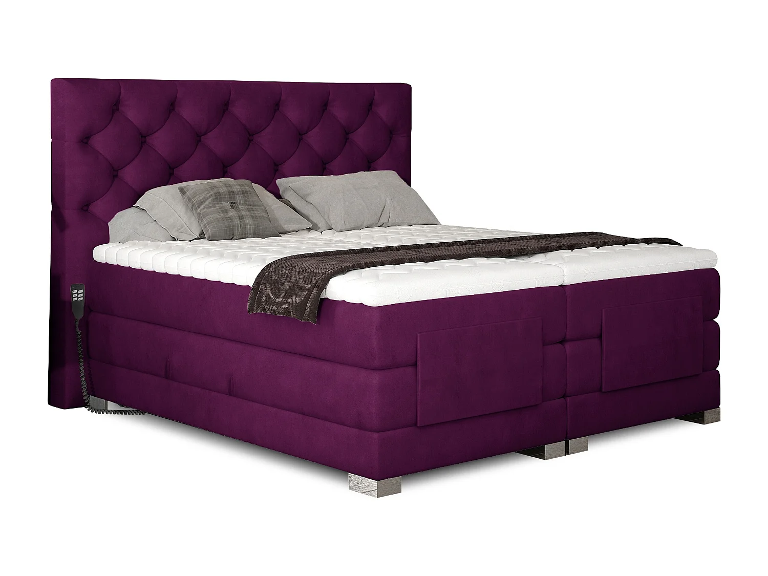 Lit continental électrique velours prune avec matelas et surmatelas Karmen-180x200