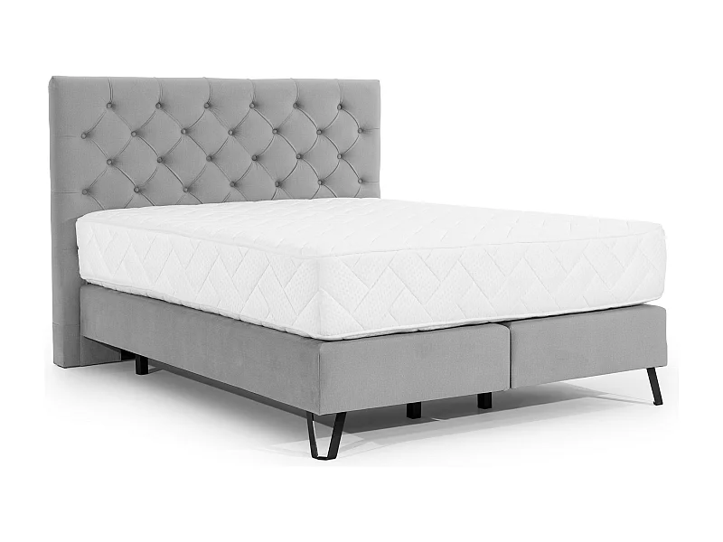Lit continental capitonné tissu gris clair Pozza avec matelas 30cm en latex et pied métal noir-140x200