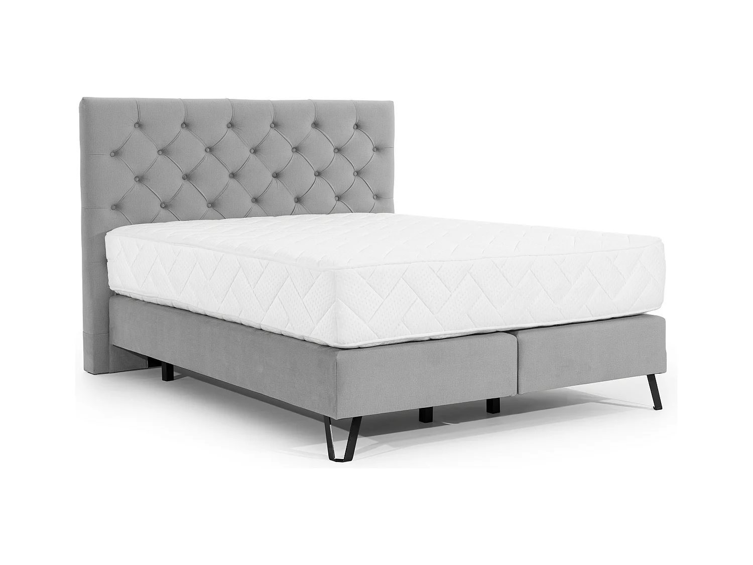Lit continental capitonné tissu gris clair Pozza avec matelas 30cm en latex et pied métal noir-140x200