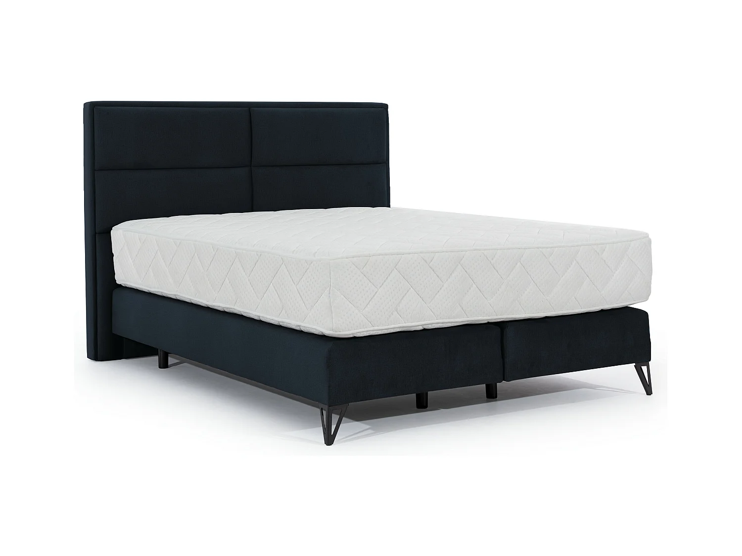 Lit continental velours bleu marine Tiempo avec matelas 30cm en latex et pied métal noir-180x200