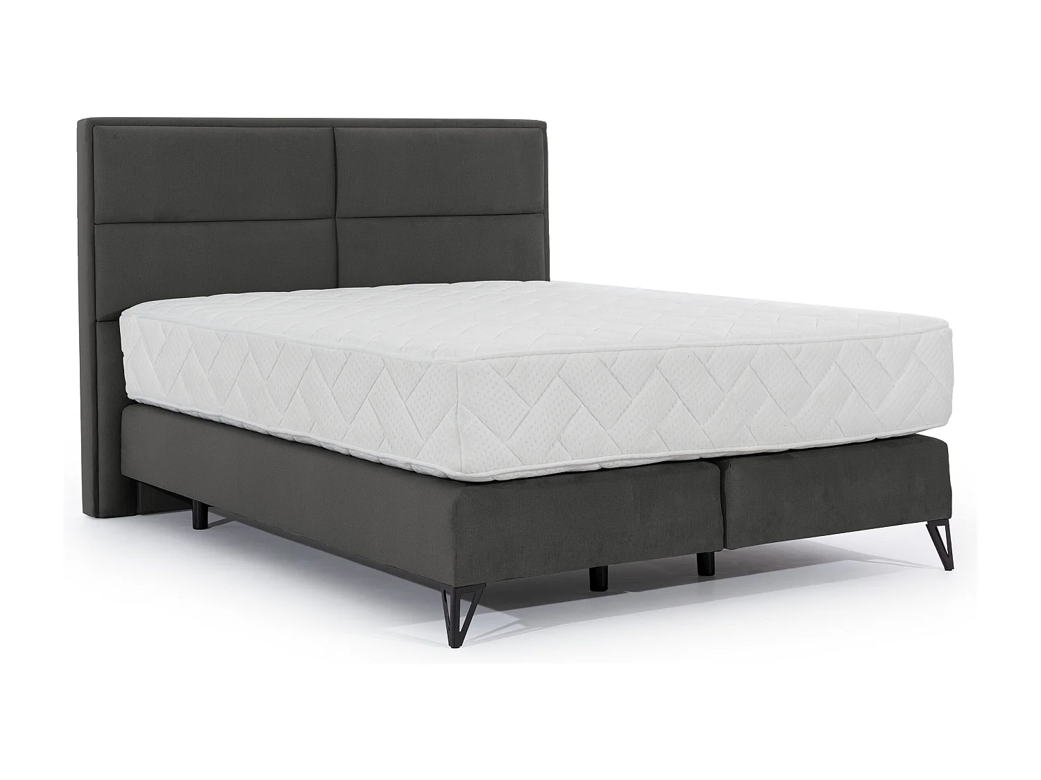 Lit continental tissu gris foncé Tiempo avec matelas 30cm en latex et pied métal noir-140x200