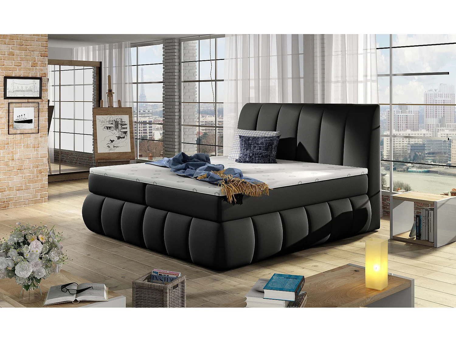 Lit continental matelassé simili cuir noir Florencia-140x200