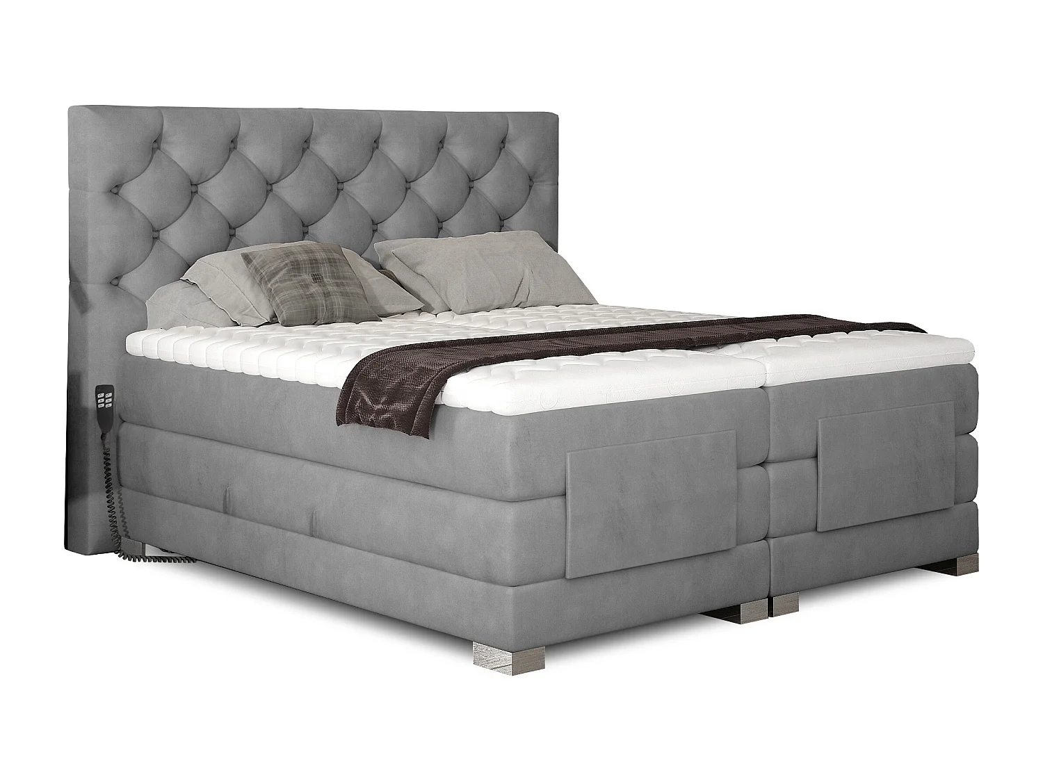 Lichtgrijs fluwelen elektrisch continentaal bed met Karmen-matras en topper-Slapen 160x200cm