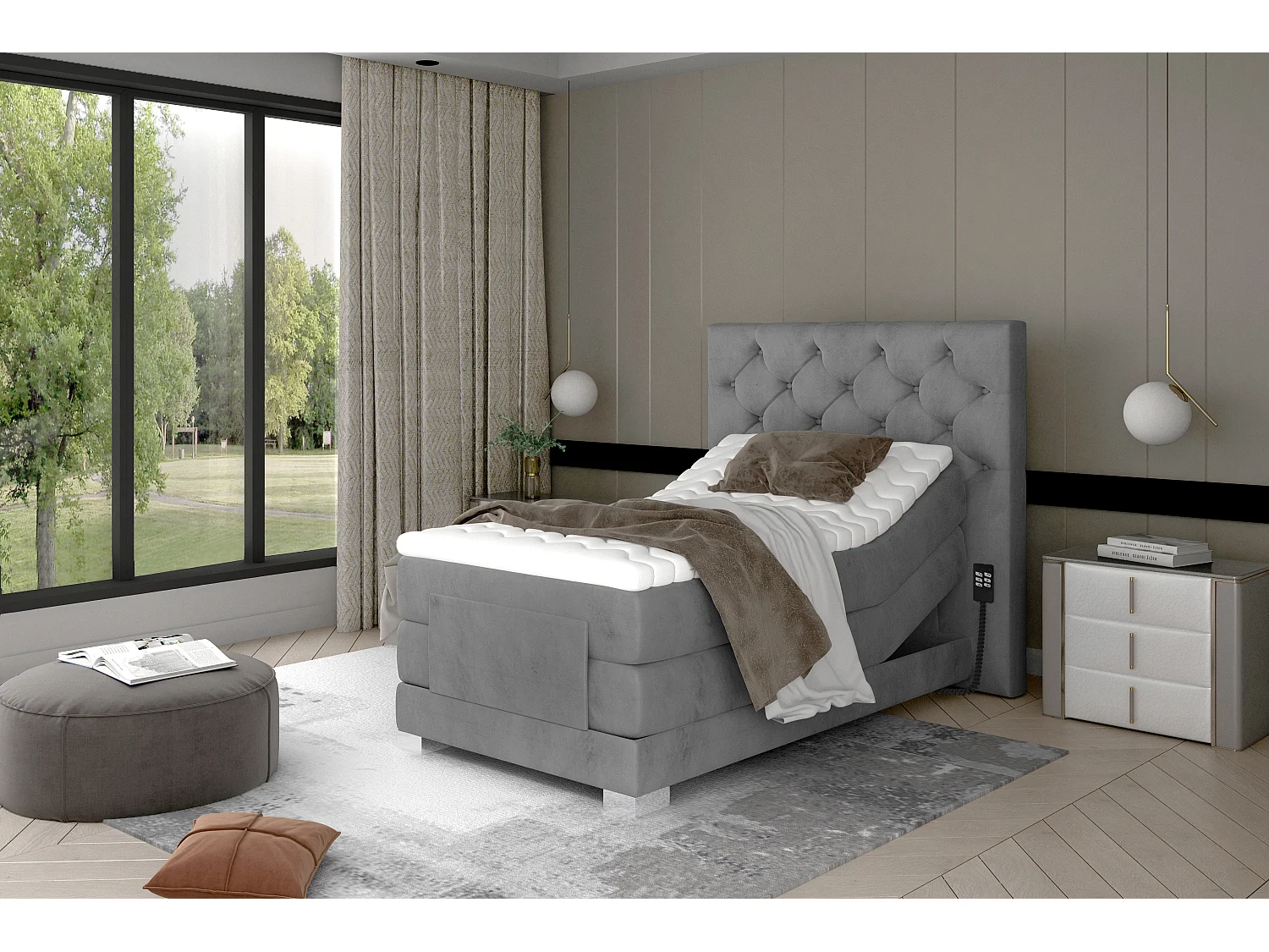 Lichtgrijs fluwelen elektrisch continentaal bed met Karmen-matras en topper-Slapen 160x200cm