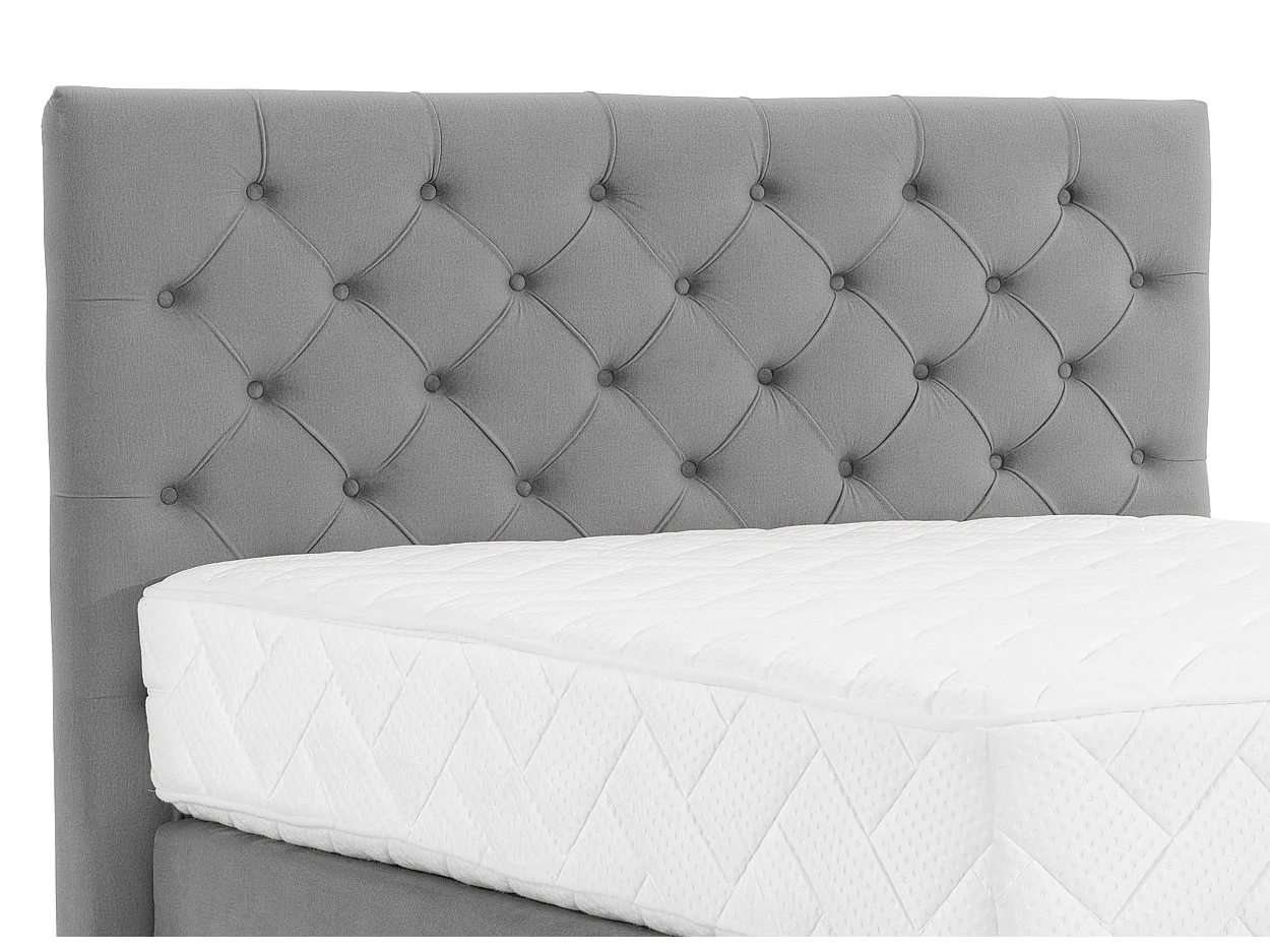 Lit continental capitonné tissu gris Pozza avec matelas 30cm en latex et pied métal noir-140x200